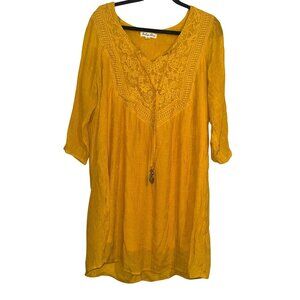 Indigo Rose Yellow Crochet Lace Tunic Dress 2X 100% Cotton 3/4 Sleeve Boho Style